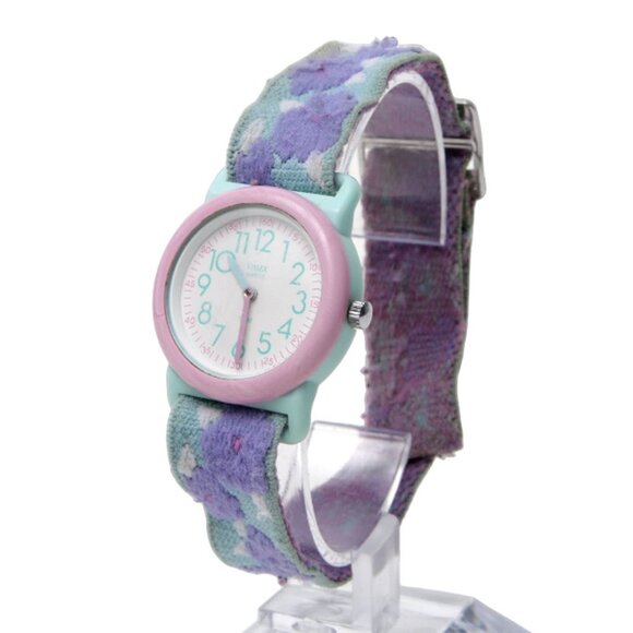 Vintage TIMEX Pastel Watch Floral Elastic Band Plastic Stainless Steel Pink Aqua - Picture 8 of 9